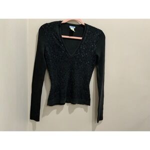 Urchin Sequin Embellished V Neck Ribbed Sweater Women's Size S Black Long Sleeve